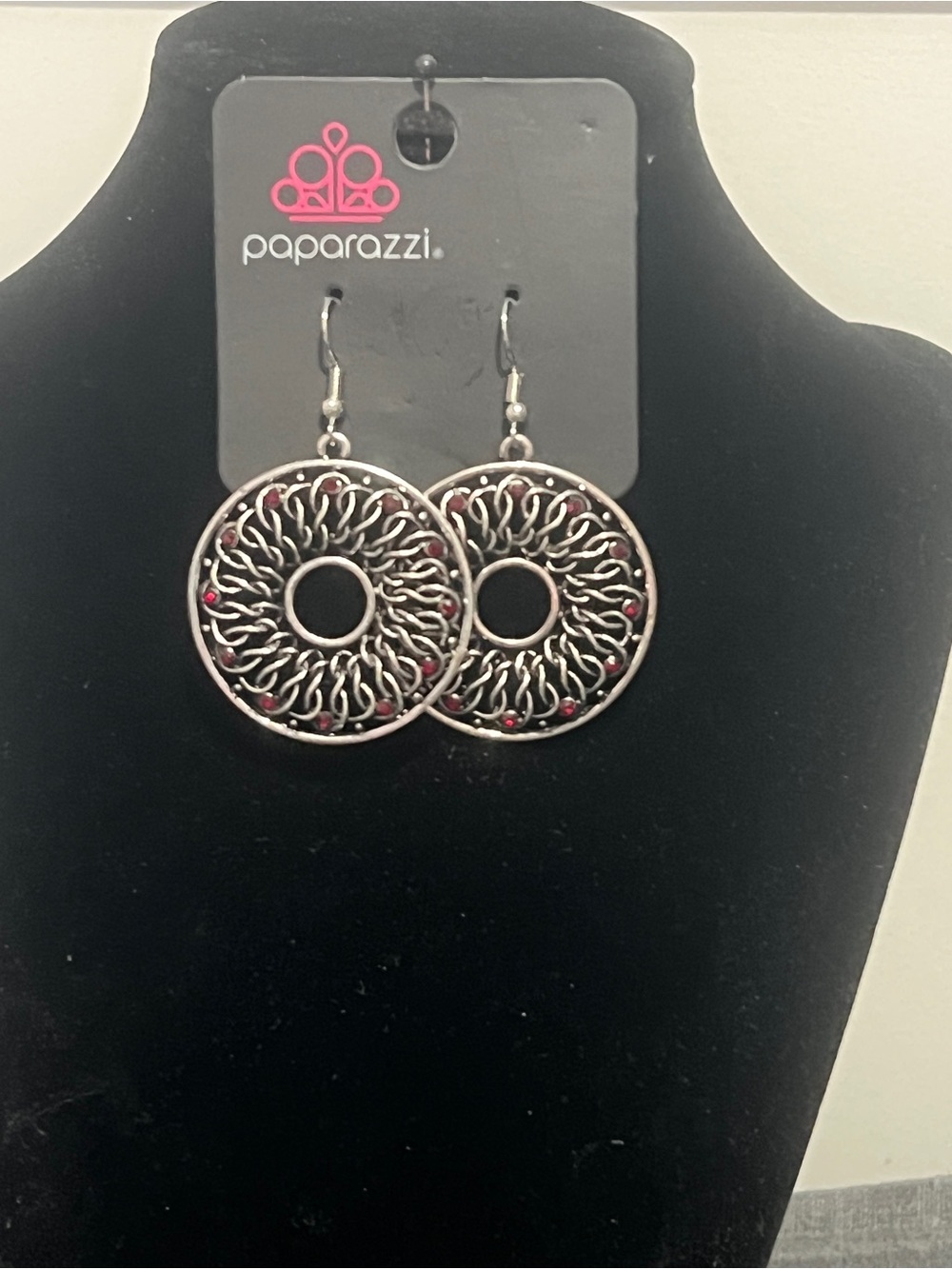 Paparazzi Silver-Tone Filigree Circle Earrings with Red Accents